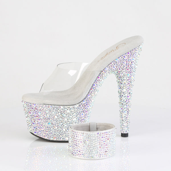 BEJEWELED-712MS Plateau High Heel Pantoletten mit Strasssteinen und Ankle Cuffs - Silber von Pleaser – Ansicht 3