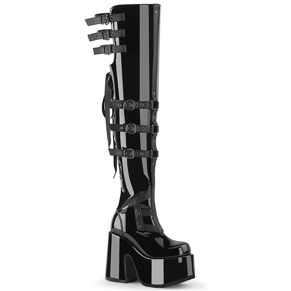 CAMEL-308 Plateau Overknee Stiefel Schwarz Lack von DemoniaCult