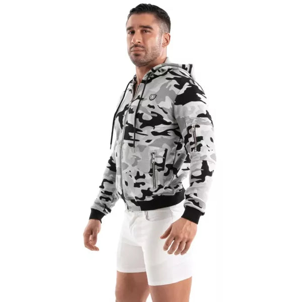 Grauer verführerischer Kapuzenpullover im modernen Camouflage Look von TOF Paris – Ansicht 3