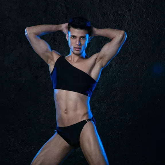 Herren Tanktop mit Kettenriemen - Asymmetrischer Schnitt, schwarz | TOF Paris