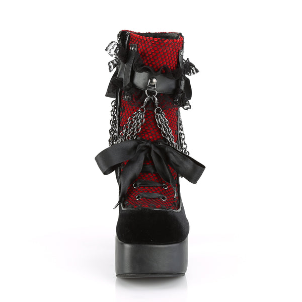 CHARADE-110 Plateau Stiefeletten Schwarz Matt Rot mit Schleifchen von DemoniaCult – Ansicht 2