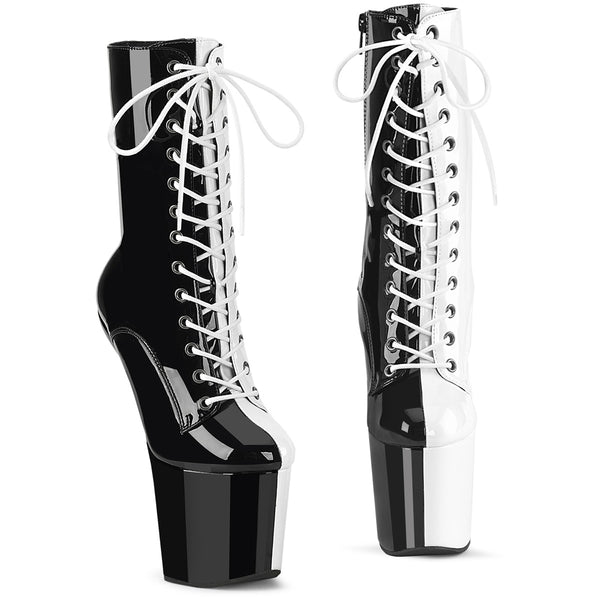 CRAZE-1040TT Plateau Pony Stiefeletten - Schwarz/Weiß Lack | Pleaser SALE