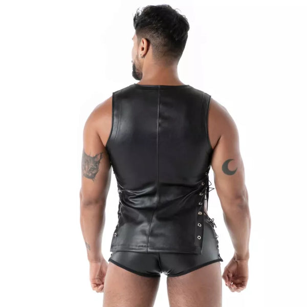 Schwarzes provokantes Tanktop mit maskuliner Schnürung von TOF Paris – Ansicht 5