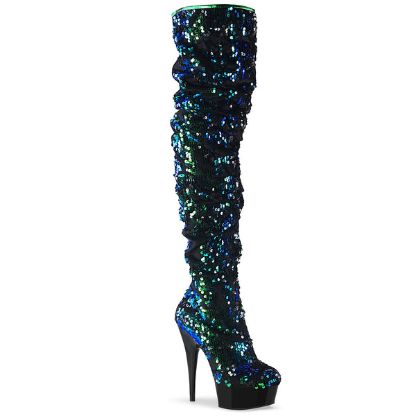 DELIGHT-3004 Plateau Overknee Stiefel - Schwarz/Grün/Blau von Pleaser