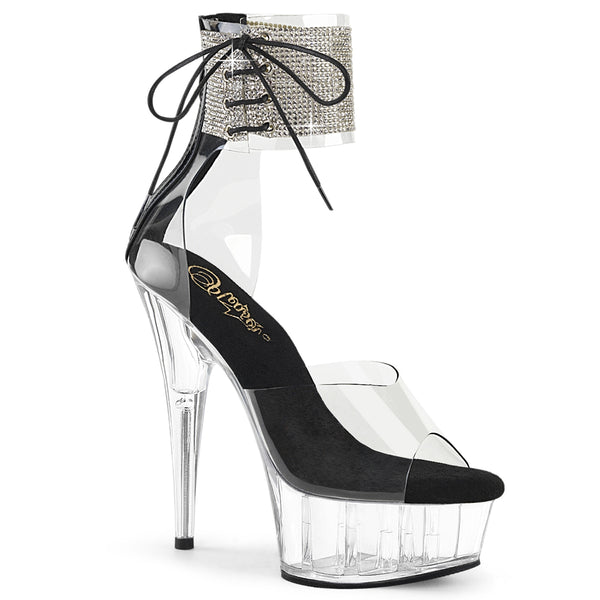 DELIGHT-624RS - Plateau High Heel Sandaletten - Transparent/Schwarz mit Strass von Pleaser