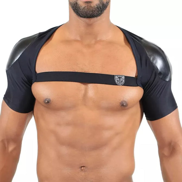 Schwarzes futuristisches Harness mit Schulterpolstern für aufregende Clubnächte von TOF Paris