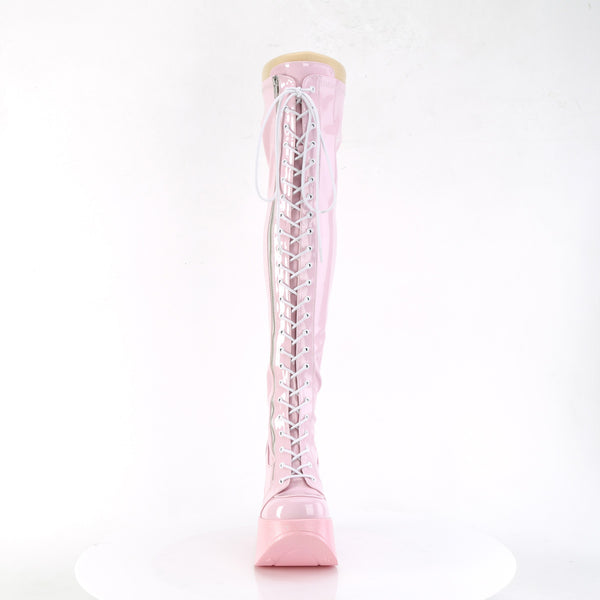 DYNAMITE-300 Plateau Overknee Stiefel Schnürung rosa Lack Stern Holo Effekt von DemoniaCult