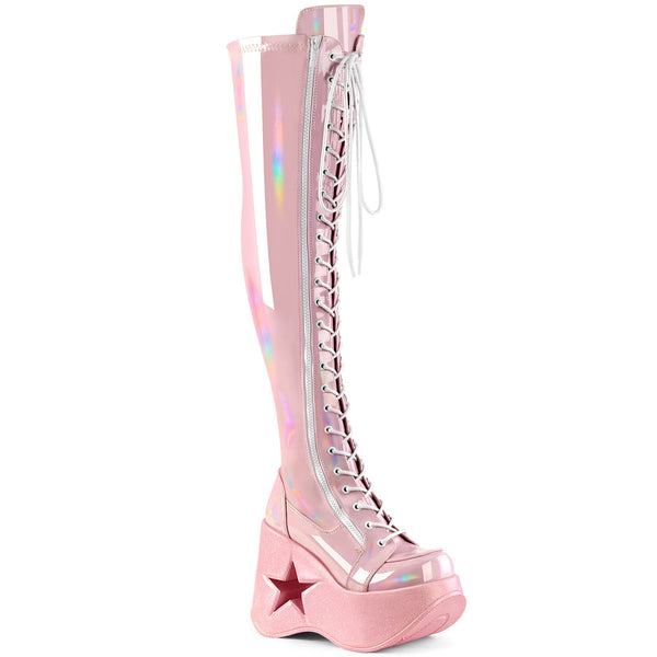 DYNAMITE-300 Plateau Overknee Stiefel Schnürung rosa Lack Stern Holo Effekt von DemoniaCult – Ansicht 2