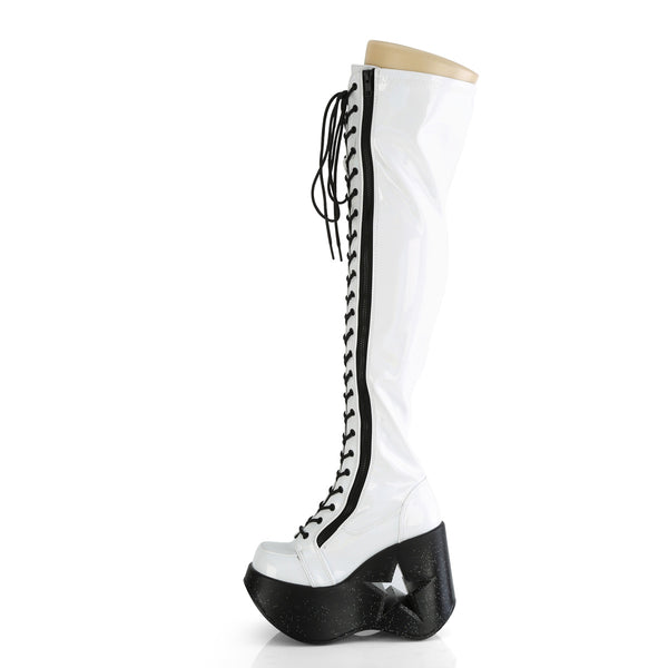 DYNAMITE-300 Plateau Overknee Stiefel weiß prisma Schnürung Lack Stern Holo Effekt von DemoniaCult – Ansicht 3
