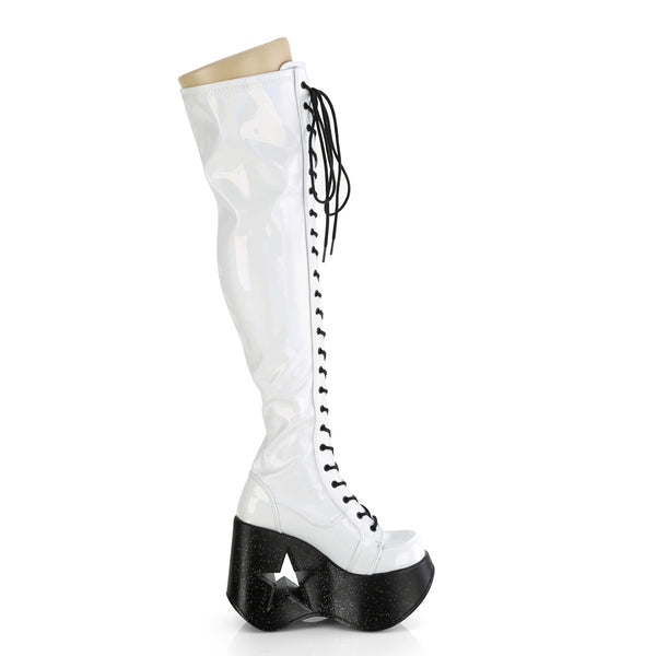 DYNAMITE-300 Plateau Overknee Stiefel weiß prisma Schnürung Lack Stern Holo Effekt von DemoniaCult – Ansicht 5