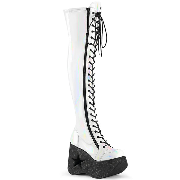 DYNAMITE-300 Plateau Overknee Stiefel weiß prisma Schnürung Lack Stern Holo Effekt von DemoniaCult