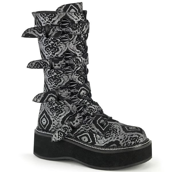 EMILY-322 Plateau Stiefel Schnallen gemustert schwarz grau von DemoniaCult