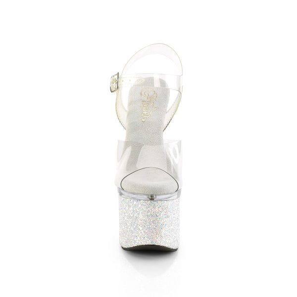 ESTEEM-708LG Plateau Sandaletten - PVC durchsichtig mit blauen Steinchen von Pleaser – Ansicht 2