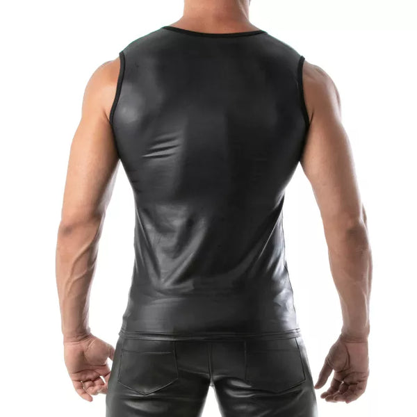 Schwarzes figurbetontes Tanktop in aufregender Lederoptik von TOF Paris – Ansicht 3