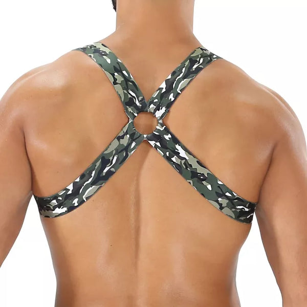 Khakifarbenes Camouflage Fetish Harness mit kraftvollem Look von TOF Paris – Ansicht 2