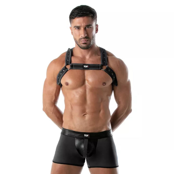 Schwarzes verstellbares Neopren Harness mit reflektierenden Akzenten von TOF Paris – Ansicht 2