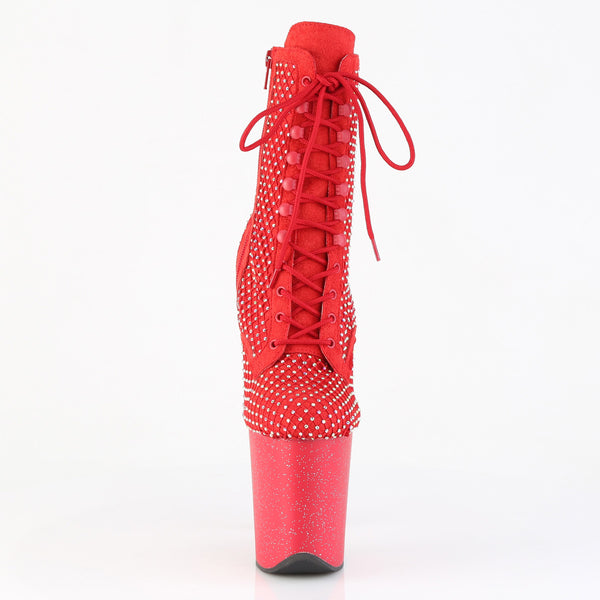 FLAMINGO-1020RM Plateau Stiefeletten Rot Glitzer Strass Netz von Pleaser – Ansicht 2