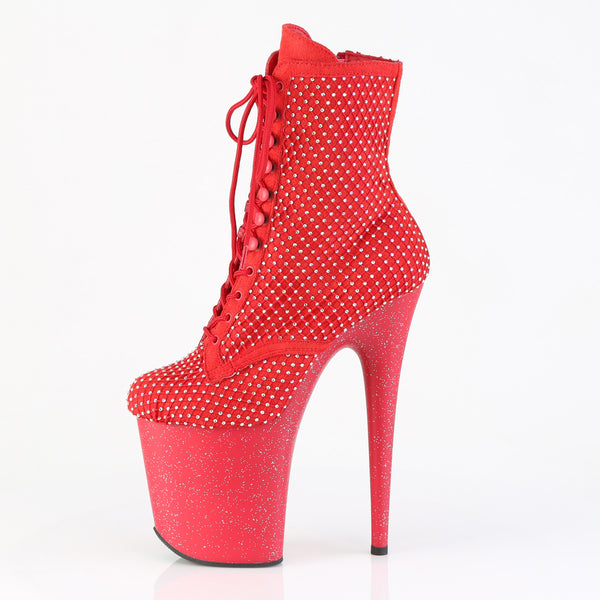 FLAMINGO-1020RM Plateau Stiefeletten Rot Glitzer Strass Netz von Pleaser – Ansicht 3