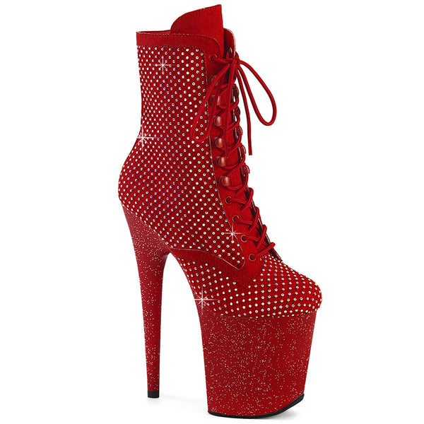 FLAMINGO-1020RM Plateau Stiefeletten Rot Glitzer Strass Netz von Pleaser