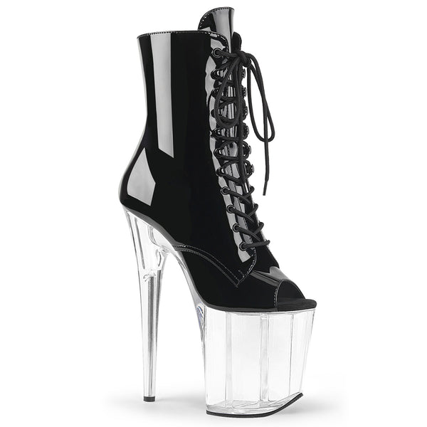 FLAMINGO-1021 Plateau Peeptoe Stiefeletten Schwarz Lack Transparent von Pleaser