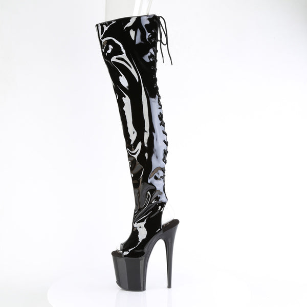 FLAMINGO-3017 - Plateau Overknee Stiefel Peeptoe mit offener Verse - Schwarz lack von Pleaser – Ansicht 3