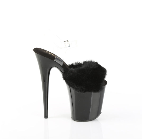FLAMINGO-808FUR Plateau Sandaletten Schwarz Lack Kunstfell | Pleaser