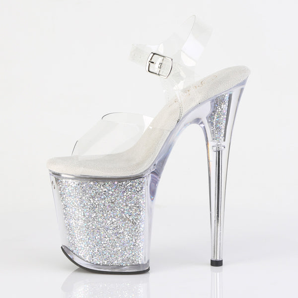 FLAMINGO-808RSI Plateau Sandaletten Silber/Transparent Glitzer | Pleaser