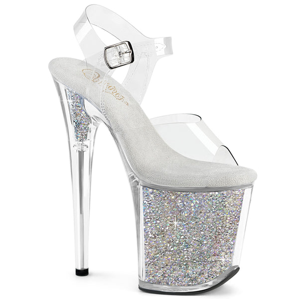 FLAMINGO-808RSI Plateau Sandaletten Silber/Transparent Glitzer | Pleaser