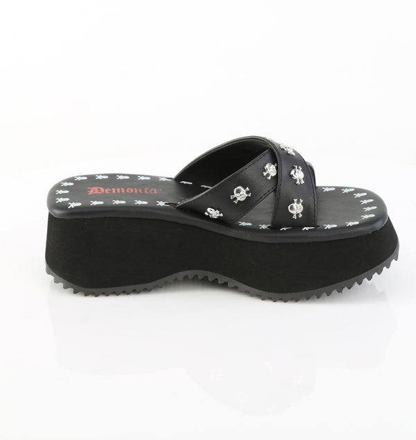 FLIP-05 Plateau Pantoletten schwarz Totenköpfe Riemchen von DemoniaCult – Ansicht 5
