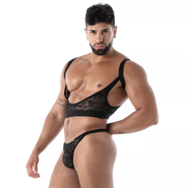 Schwarzes Fluid Lace Garter Strap im verführerischen Spitzen Design von TOF Paris – Ansicht 5