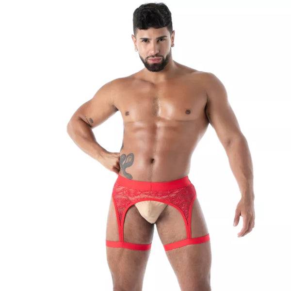 Rotes Fluid Lace Garter Strap-Harness von TOF Paris
