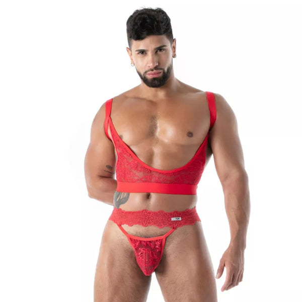 Rotes Fluid Lace Garter Strap-Harness von TOF Paris – Ansicht 4