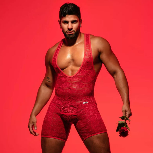 Rotes Fluid Lace Pocket Open Wrestling-Singlet von TOF Paris