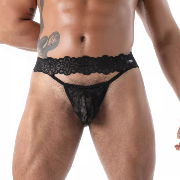 Schwarzer Spitzen-String aus Fluid Lace von TOF Paris – Ansicht 2