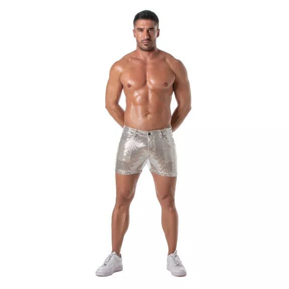 Herren Glitzer Shorts Silber - 5 Taschen, Mid-Thigh & Figurbetont | TOF Paris
