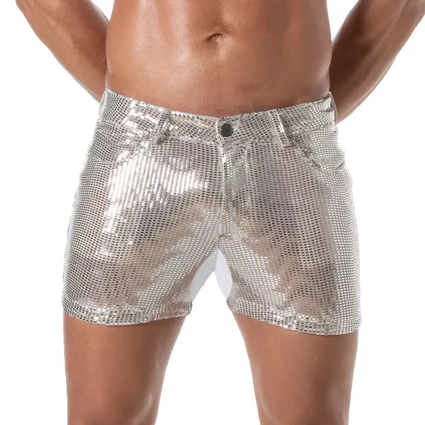 Herren Glitzer Shorts Silber - 5 Taschen, Mid-Thigh & Figurbetont | TOF Paris
