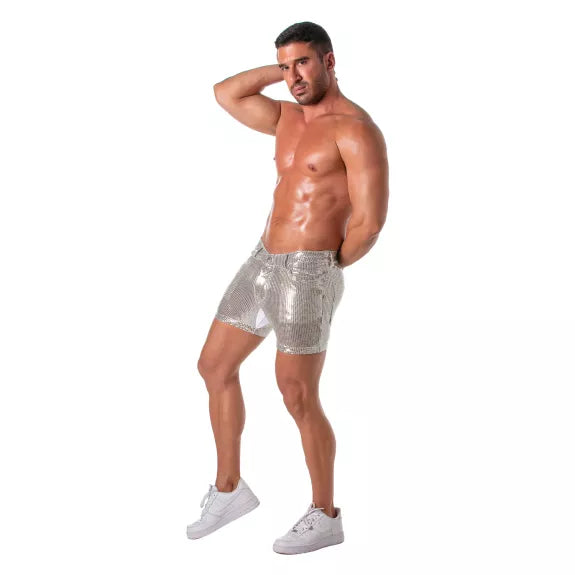 Herren Glitzer Shorts Silber - 5 Taschen, Mid-Thigh & Figurbetont | TOF Paris