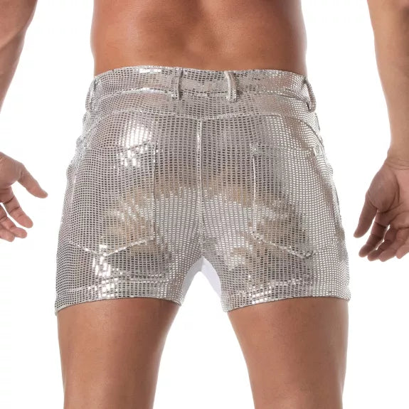 Herren Glitzer Shorts Silber - 5 Taschen, Mid-Thigh & Figurbetont | TOF Paris