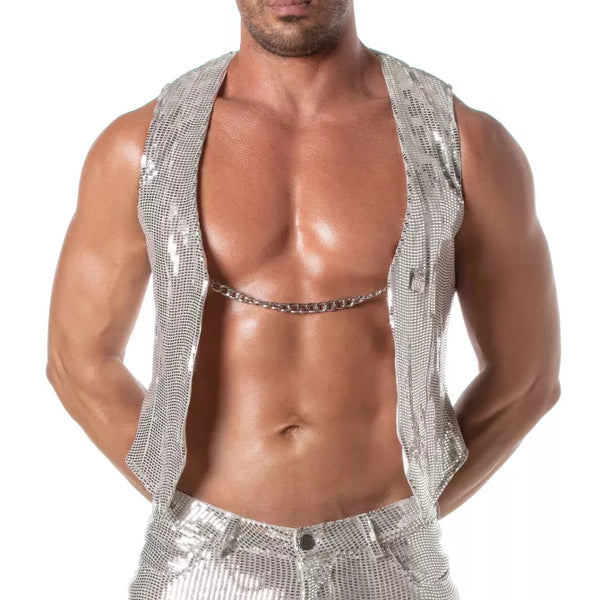Glitzerweste Herren Silber - Wendeweste mit Ketten-Design | TOF Paris