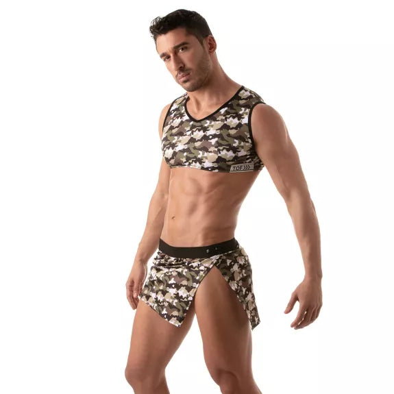 Ärmelloses Crop Top Khaki-Camouflage & V-Ausschnitt | TOF Paris