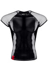 Schwarzes glänzendes Lackshirt mit transparenten Mesh Details von Regnes Fetish Planet – Ansicht 2