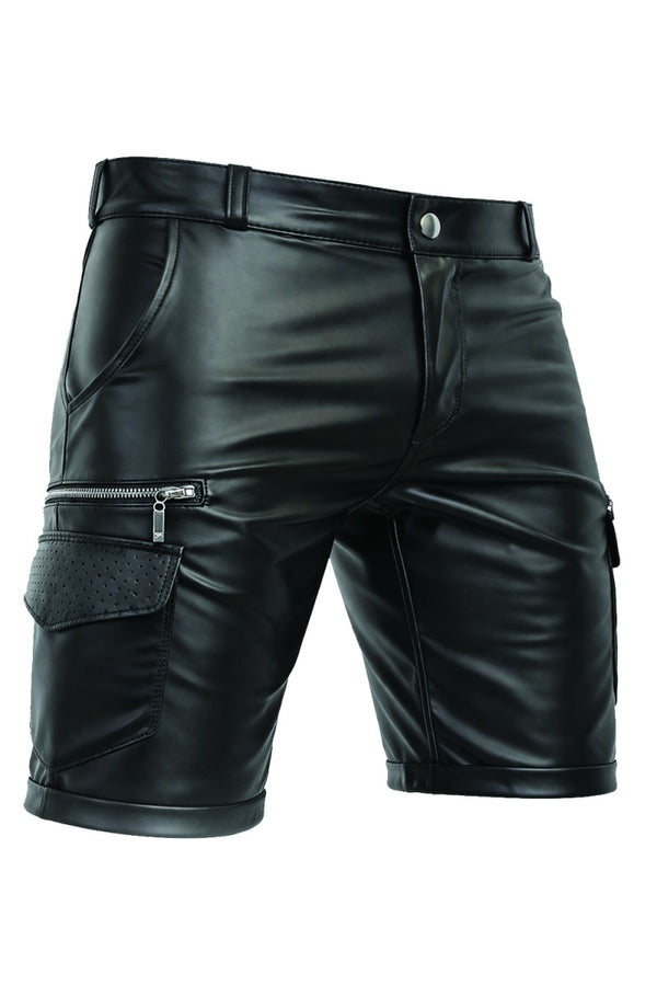 Schwarze maskuline Wetlook-Shorts mit markanten Cargotaschen von Regnes Fetish Planet – Ansicht 2