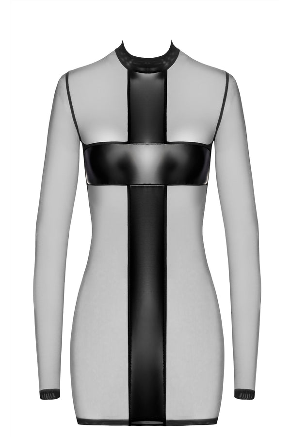 Sexy schwarzes Crossfire Netz-und-Wetlook Minikleid von Noir Handmade – Ansicht 9