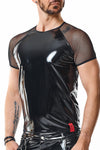 Schwarzes glänzendes Lackshirt mit transparenten Mesh Details von Regnes Fetish Planet