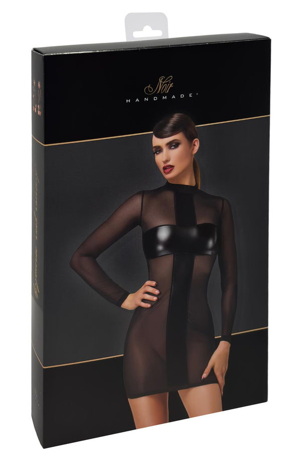 Sexy schwarzes Crossfire Netz-und-Wetlook Minikleid von Noir Handmade – Ansicht 8