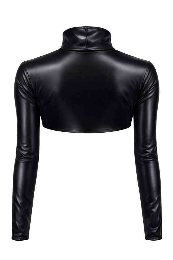 Schwarze raubtierhafte Wetlook Jacke mit brustfreiem Design von Demoniq – Ansicht 4