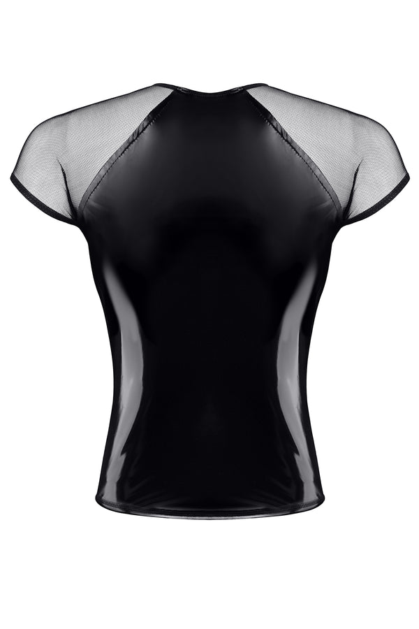 Schwarzes glänzendes Lackshirt mit transparenten Mesh Details von Regnes Fetish Planet – Ansicht 4