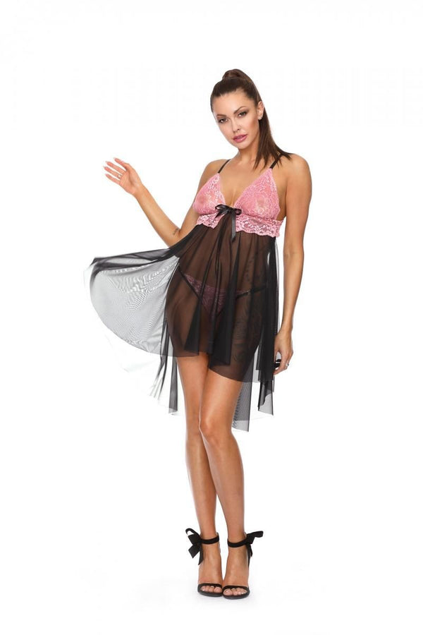 Schwarz-rosafarbenes verführerisches Babydoll aus feiner Spitze von Excellent Beauty