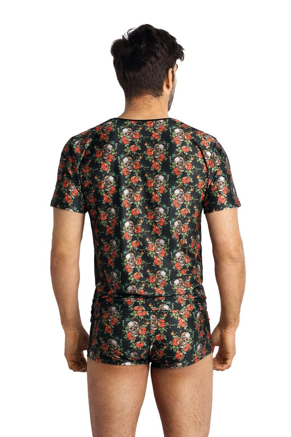 Buntes aufregendes figurbetontes T-Shirt mit markantem Flower Skull Print von Anais for Men – Ansicht 3