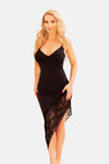 Schwarzes atemberaubendes figurbetontes Kleid mit asymmetrischer Blumenspitze von Kalimo – Ansicht 5